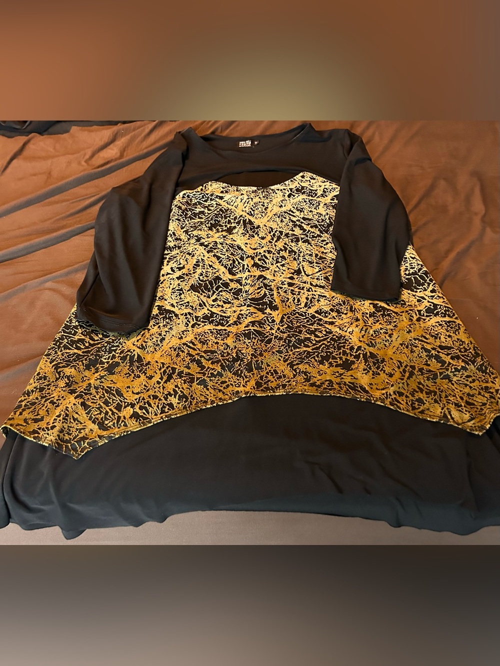 Plus-Size Black Tunic with Gold Abstract Panel